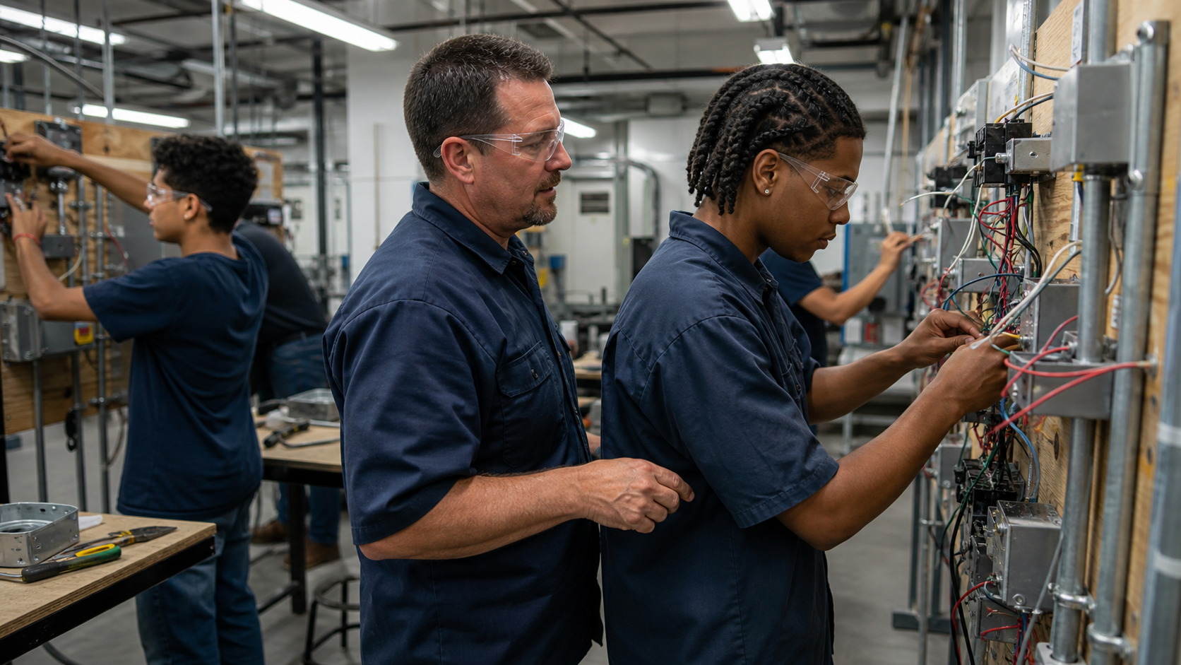 Students training in Berk Trade School hands-on lab with experienced instructor