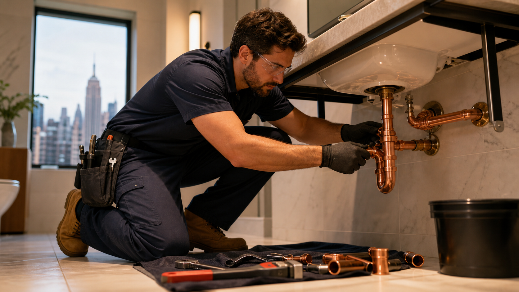 Student installing plumbing pipes in Berk Trade School lab